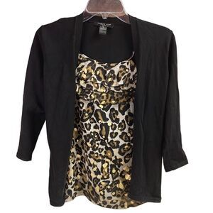 AUGUST SILK Animal Print Cardigan Attached Tank Top Black Gold Metallic Size PS